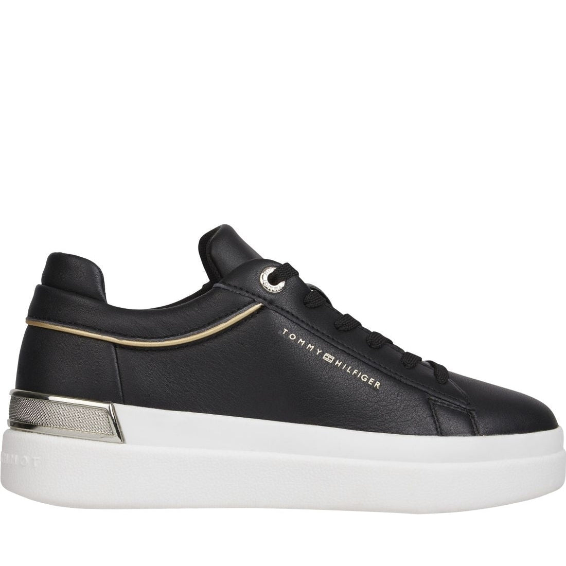 Tommy Hilfiger womens black lux metallic cupsole sneaker | Vilbury London