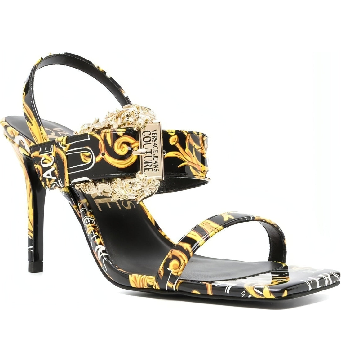 Versace Jeans Couture womens black, gold fondo emily sandals | Vilbury London