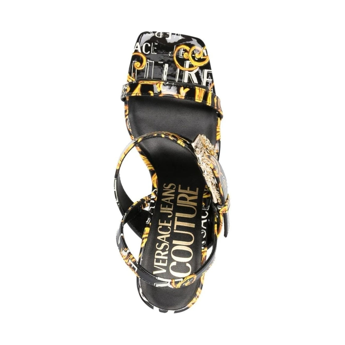 Versace Jeans Couture womens black, gold fondo emily sandals | Vilbury London