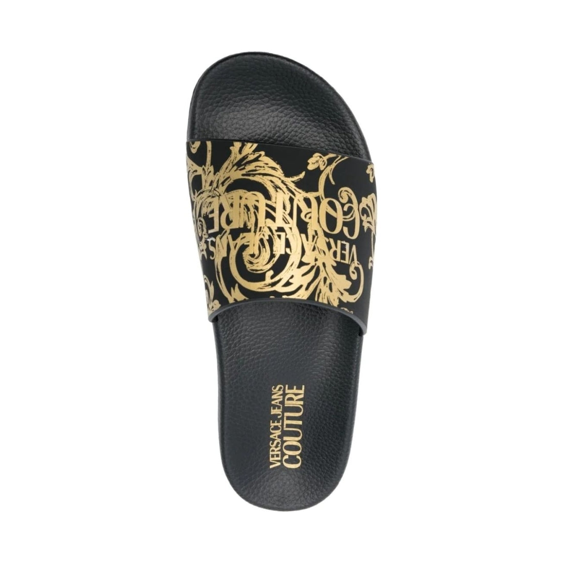 Versace Jeans Couture womens black, gold fondo shelly slippers | Vilbury London